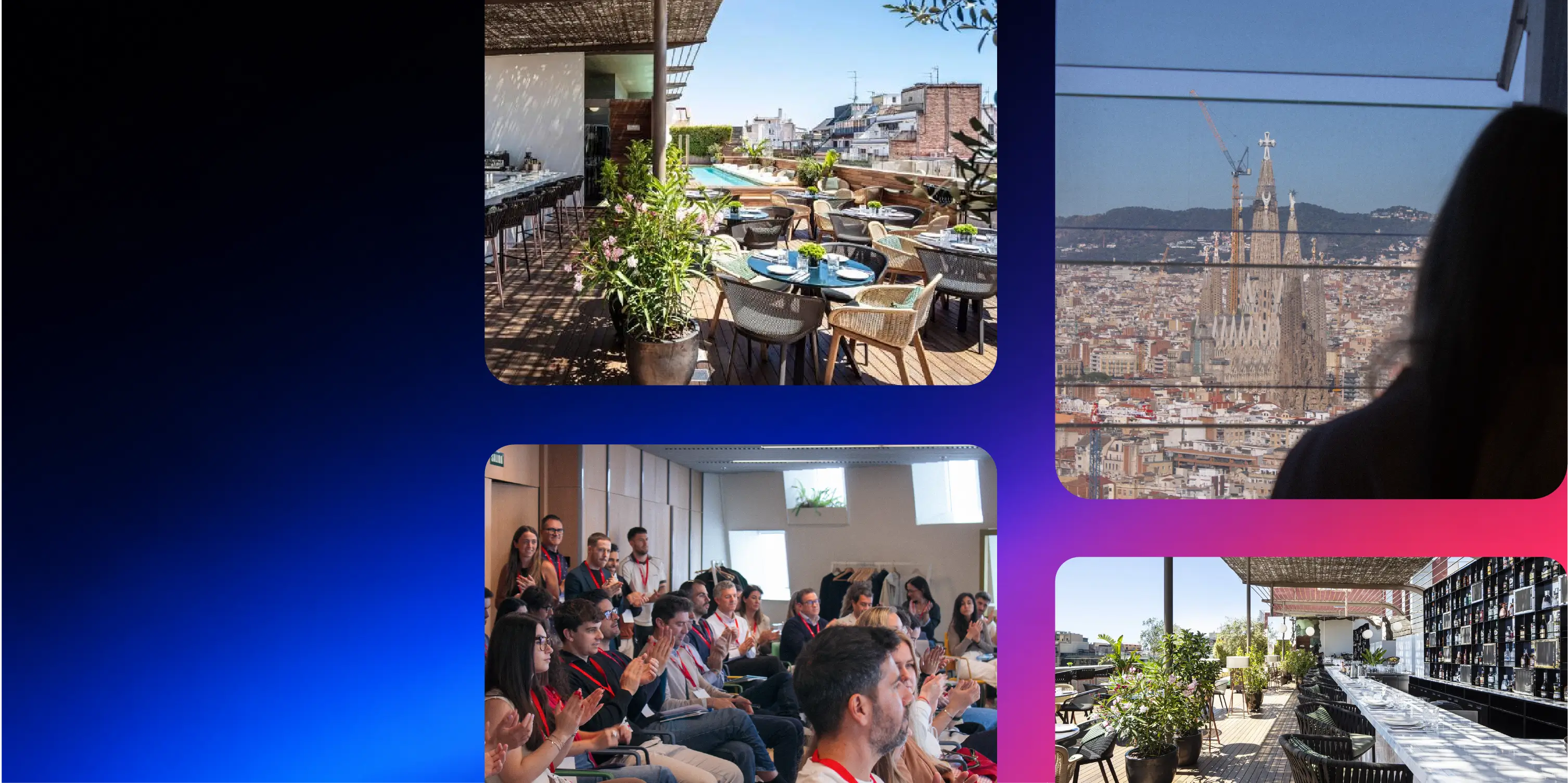 Collage of Barcelona  featuring a rooftop terrace, city views, and attendees at a conference session.