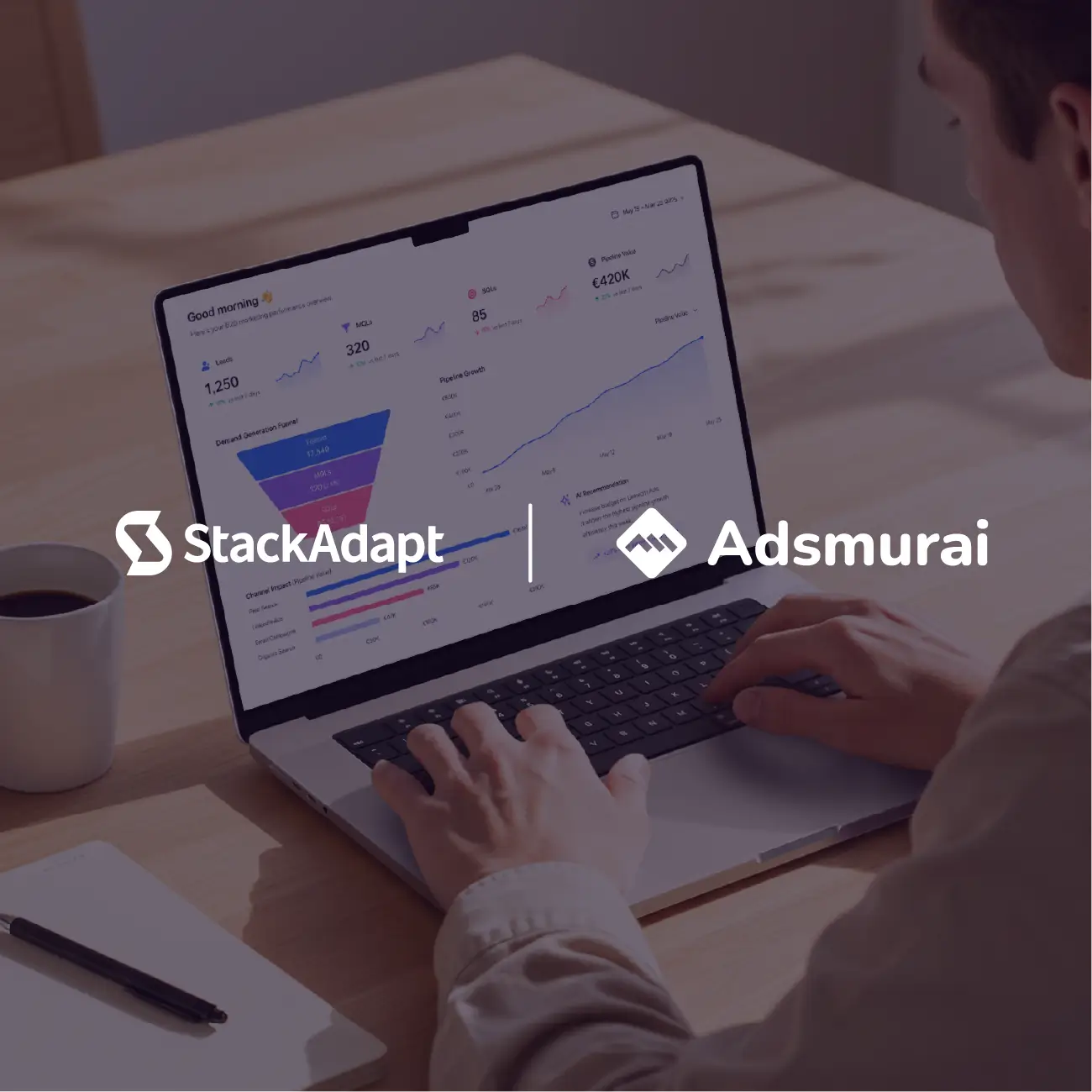 StackAdapt and Adsmurai logos over a person viewing an analytics dashboard on a laptop.