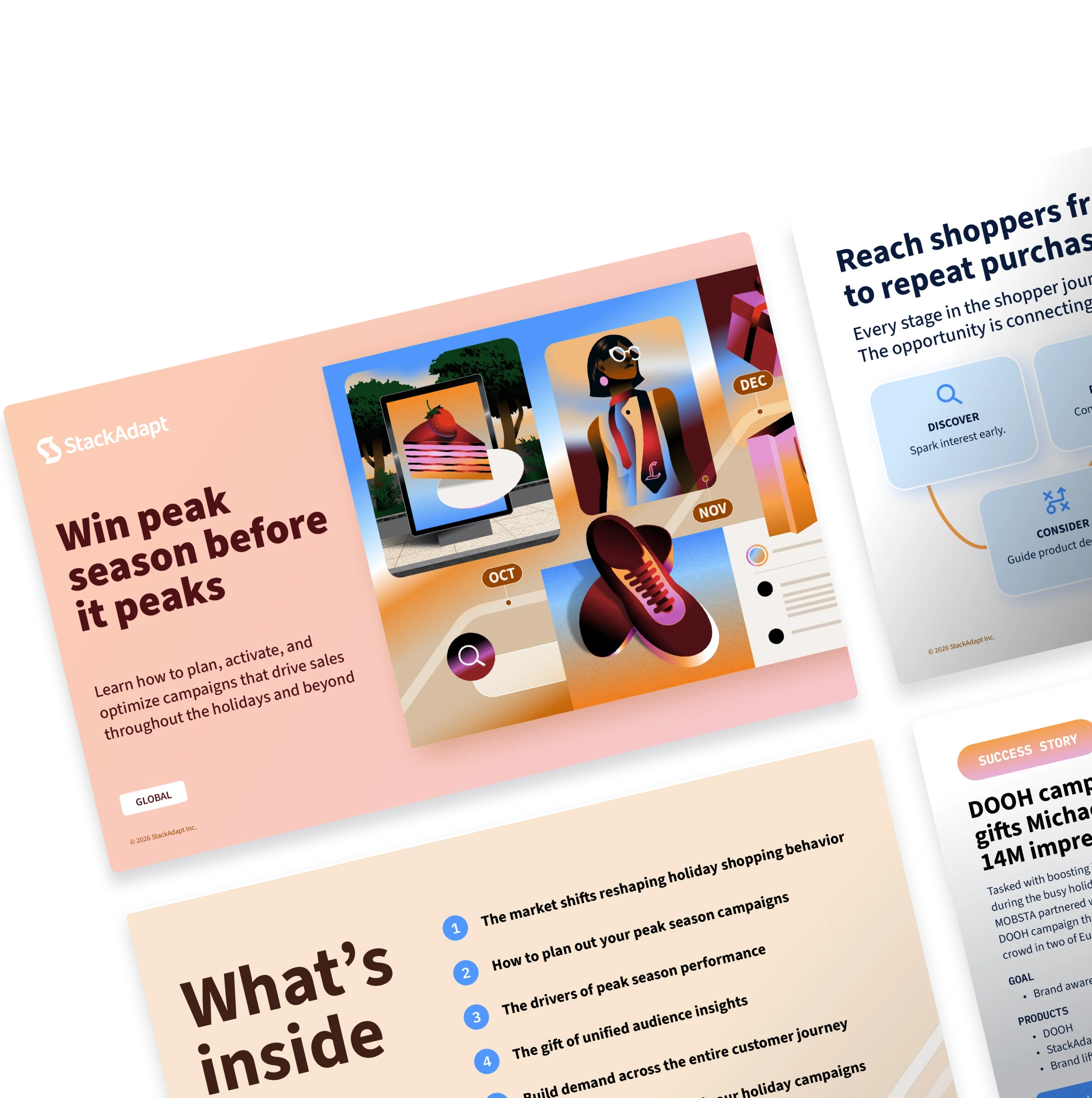 Holiday marketing guide pages tilted on a black background, including a cover titled “Win peak season before it peaks.”