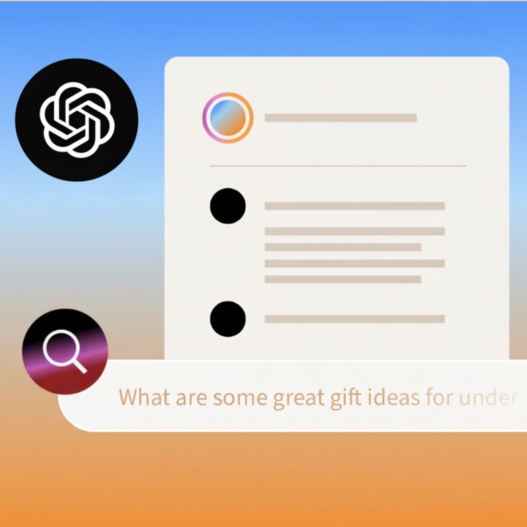 ChatGPT ad mockup with the OpenAI logo, a search icon, and a sample prompt bar over a gradient background.