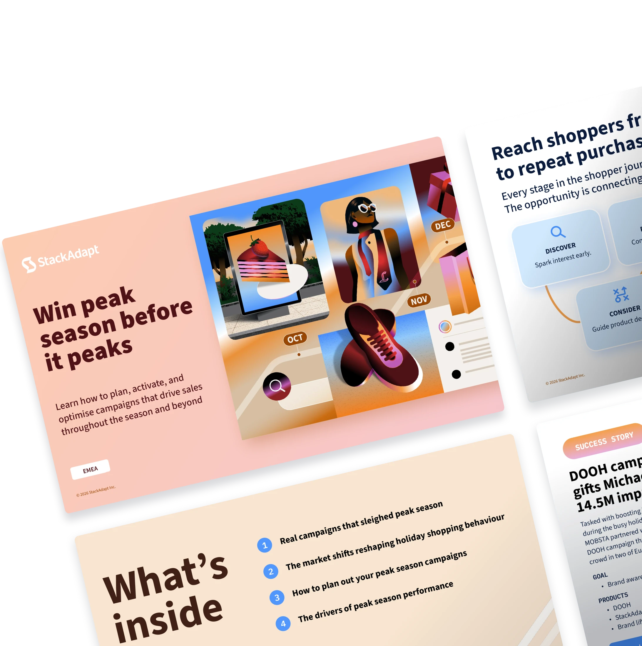 Holiday marketing guide pages tilted on a black background, including a cover titled “Win peak season before it peaks.”