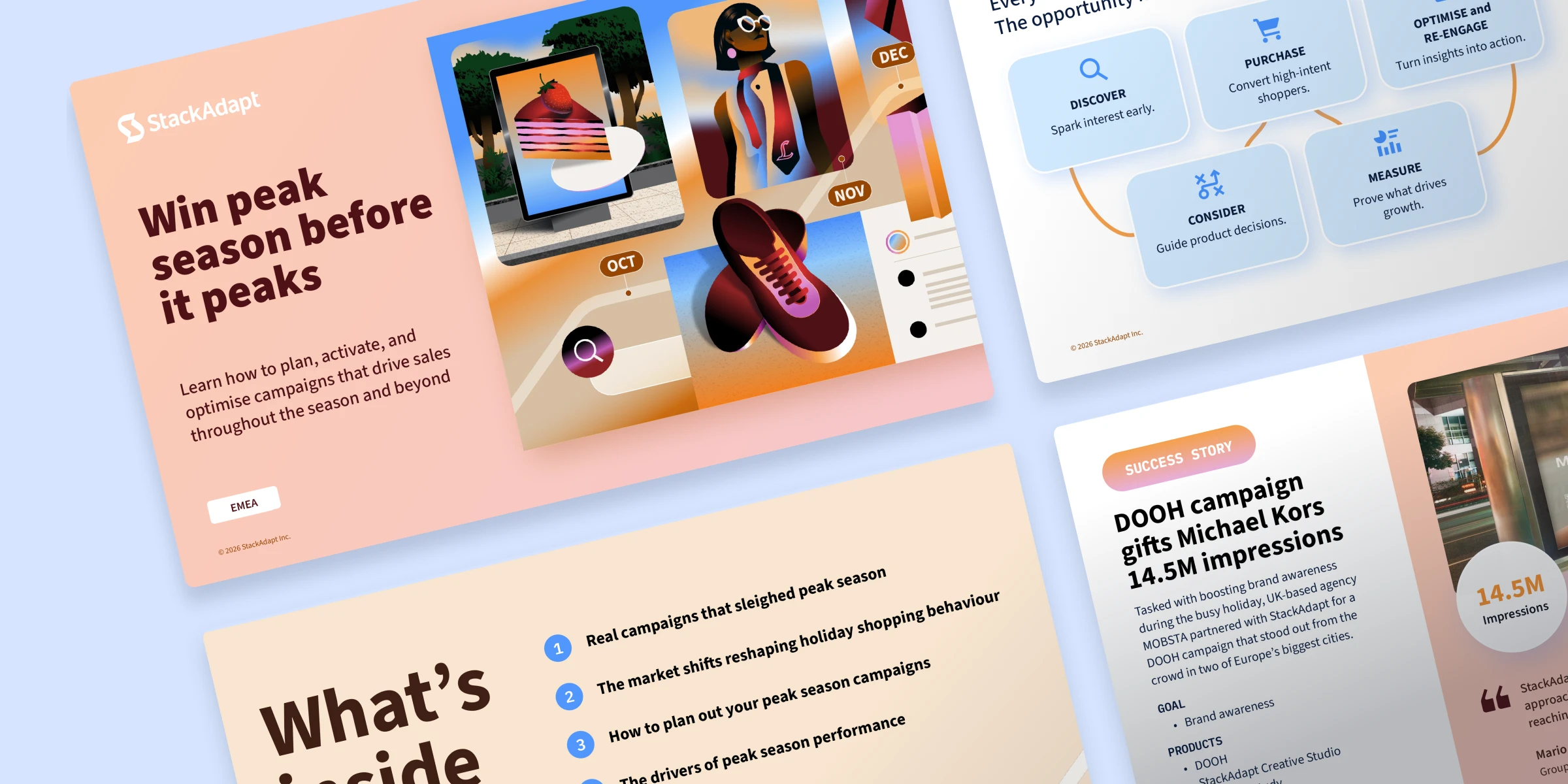 Holiday marketing guide pages arranged in a layered collage with campaign planning, shopper journey, and success story sections.
