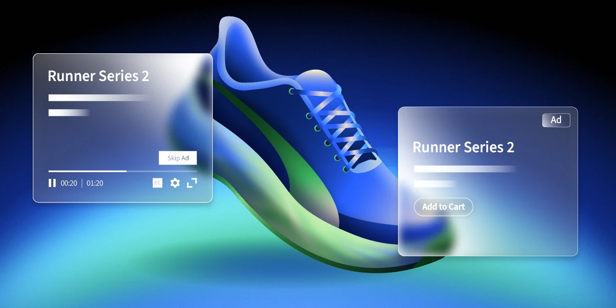 Blue and green running shoe surrounded by video and shopping e-commerce ad panels.
