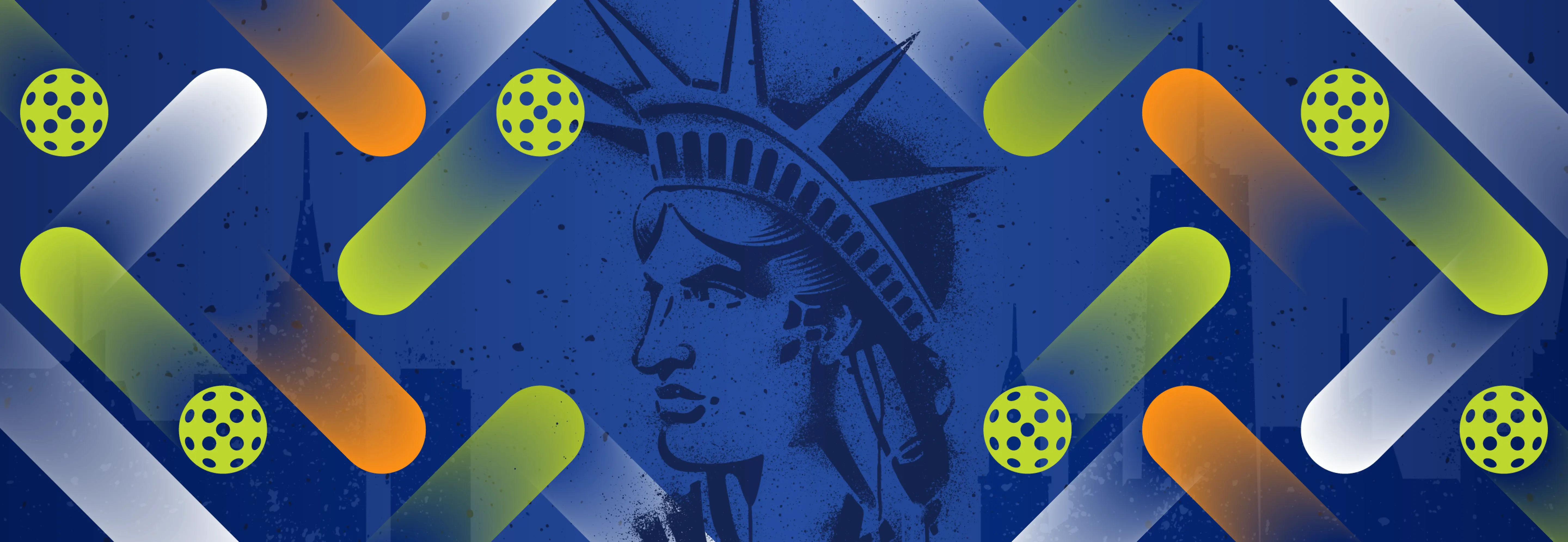 Stylized Statue of Liberty surrounded by colourful geometric shapes and dotted circles on a blue background.