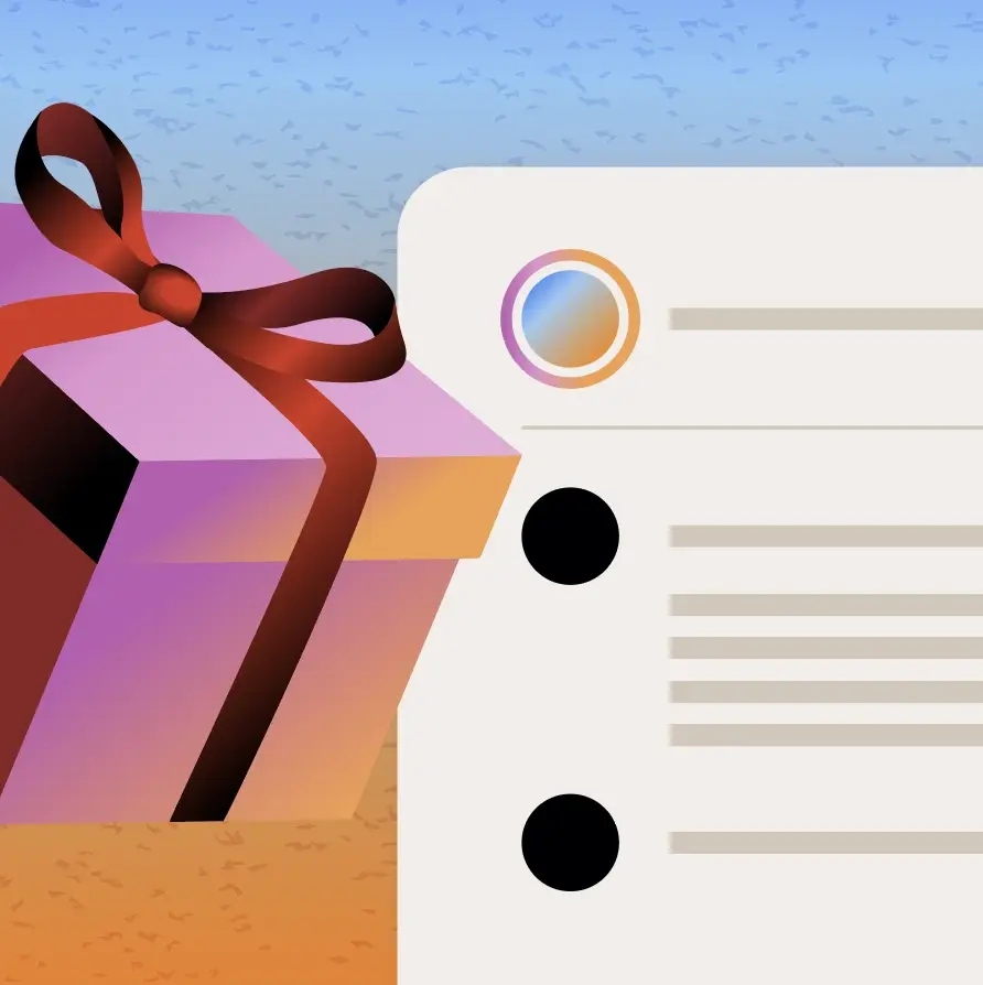 Illustration of a wrapped gift box beside a webpage interface with profile and content placeholders.