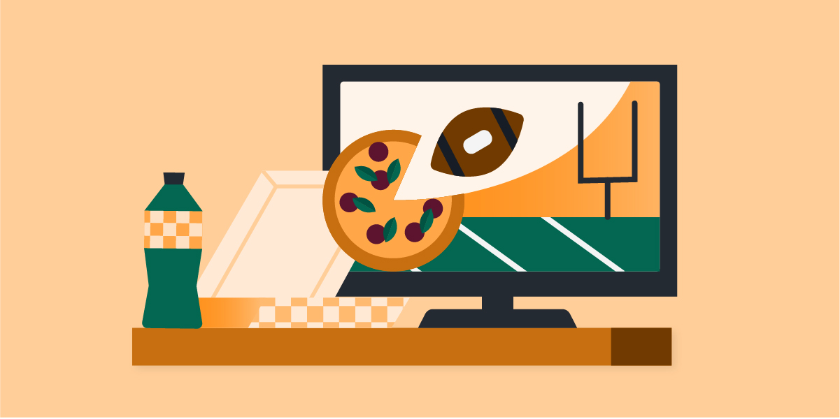 Graphic that shows a TV that's playing a sports game, on a table with pizza, to depic live sports marketing