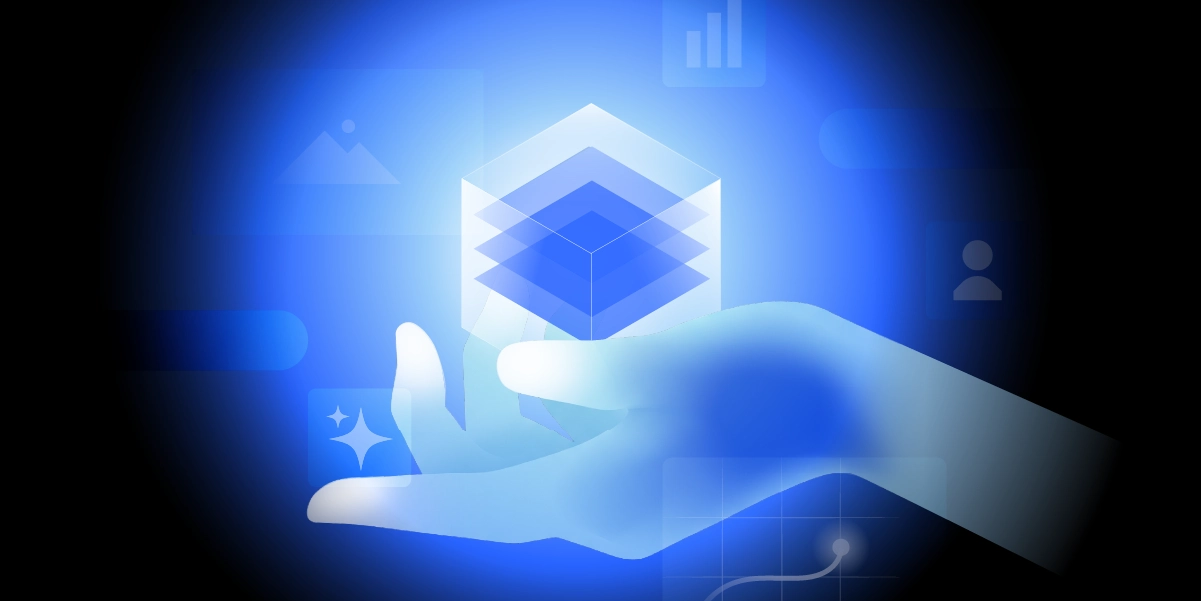 Illustration of a hand holding layered blue shapes, surrounded by icons representing data, media, analytics, and AI.