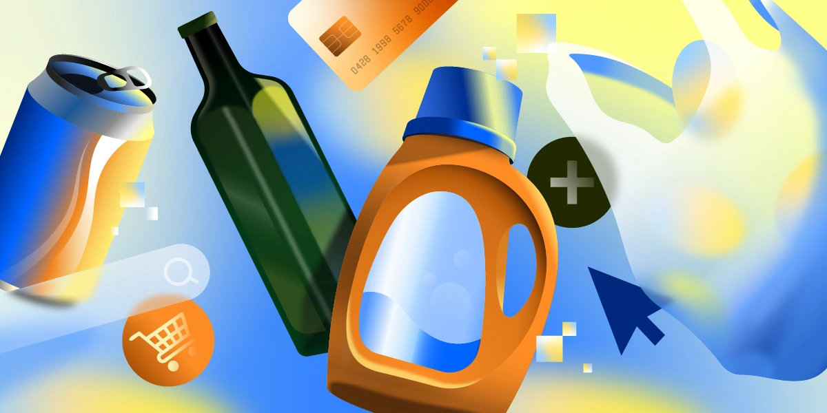 Stylized consumer packaged goods, including a beverage can, bottle, detergent container, shopping cart, credit card, and cursor.