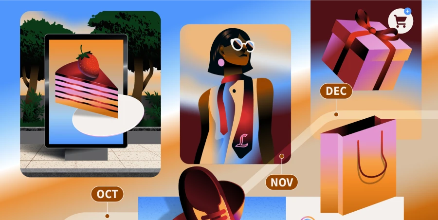 Peak shopping season timeline with digital ads for cake, fashion, gifts, and shopping across October, November, and December.