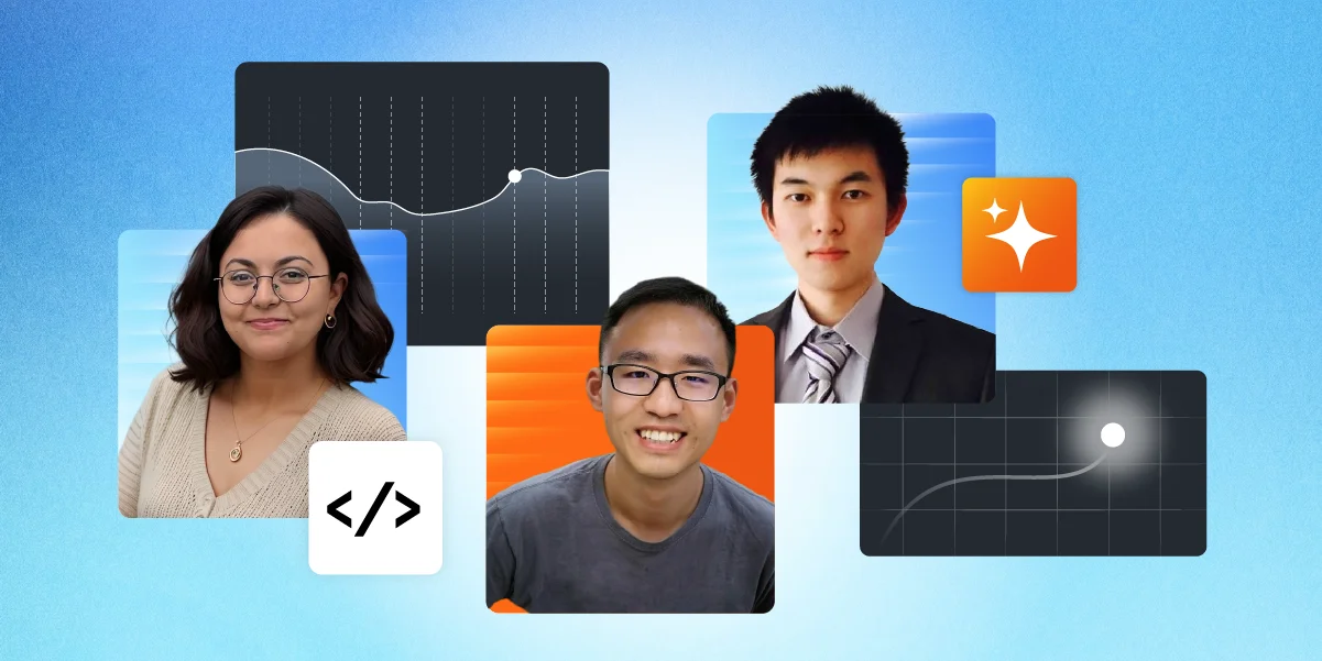 Three data science professionals arranged among stylized line charts and coding graphics.