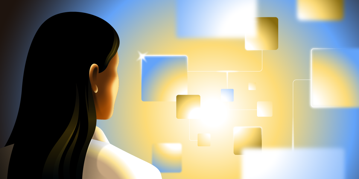 Person facing a network of connected glowing panels.
