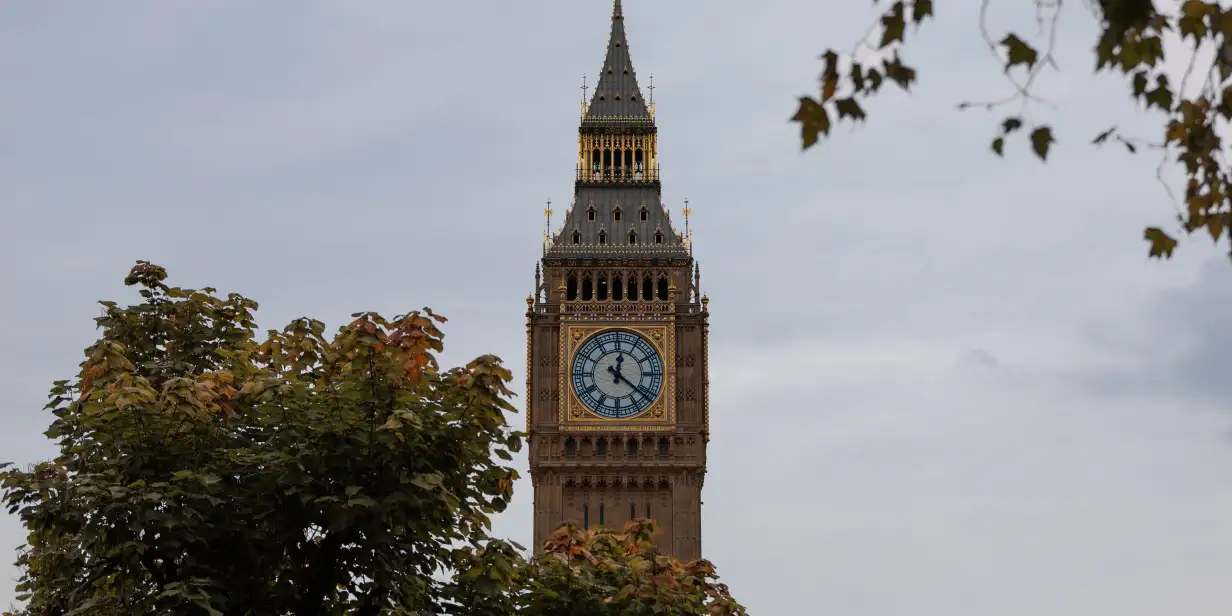 The Elizabeth Tower (Big Ben) in London set against an overcast sky