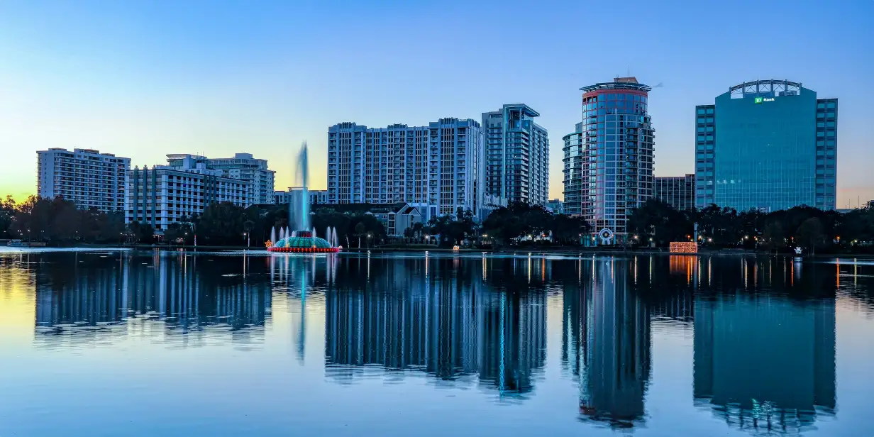 The downtown Orlando skyline and Lake Eola Fountain