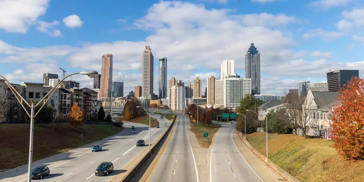 The Atlanta skyline viewed over a multi-lane highway