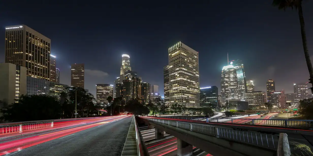 The downtown Los Angeles skyline at night